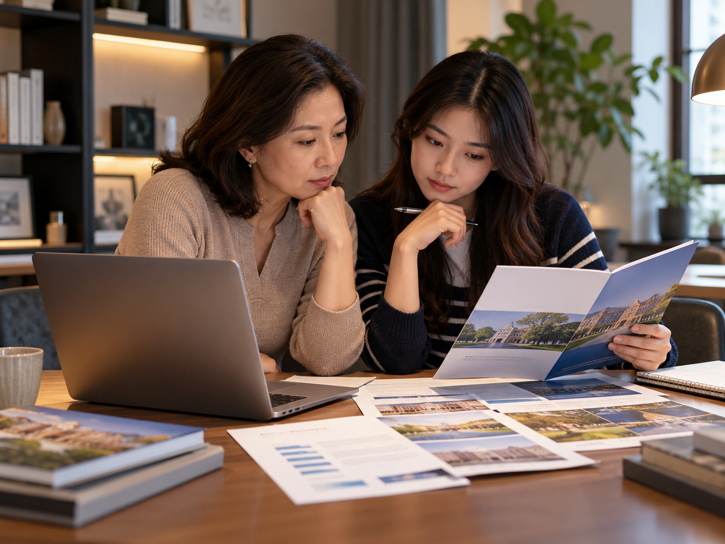 A mother and daughter reviewing university program materials and a laptop together.